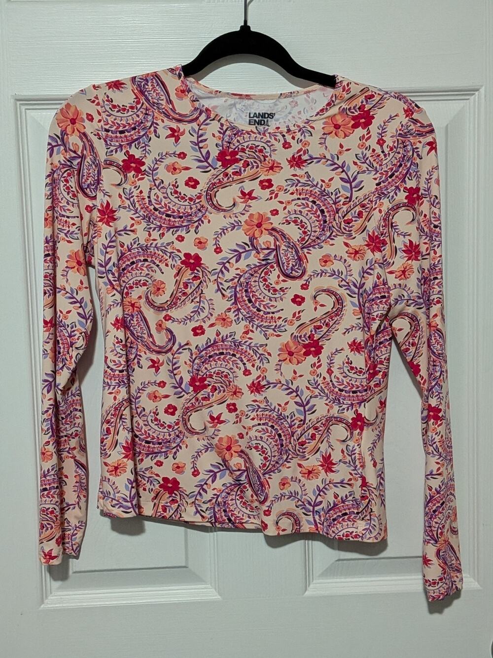 Lands' End UPF 50 Long Sleeve Rash Guard Swim Tee Paisley Pink Size XS Petite